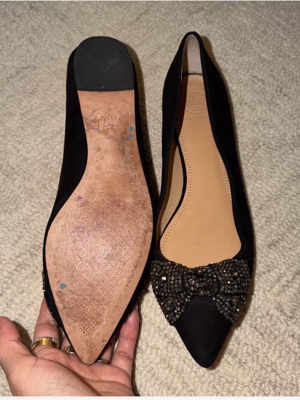 Tory Burch Black Pointed Toe Flats with Beaded Bow